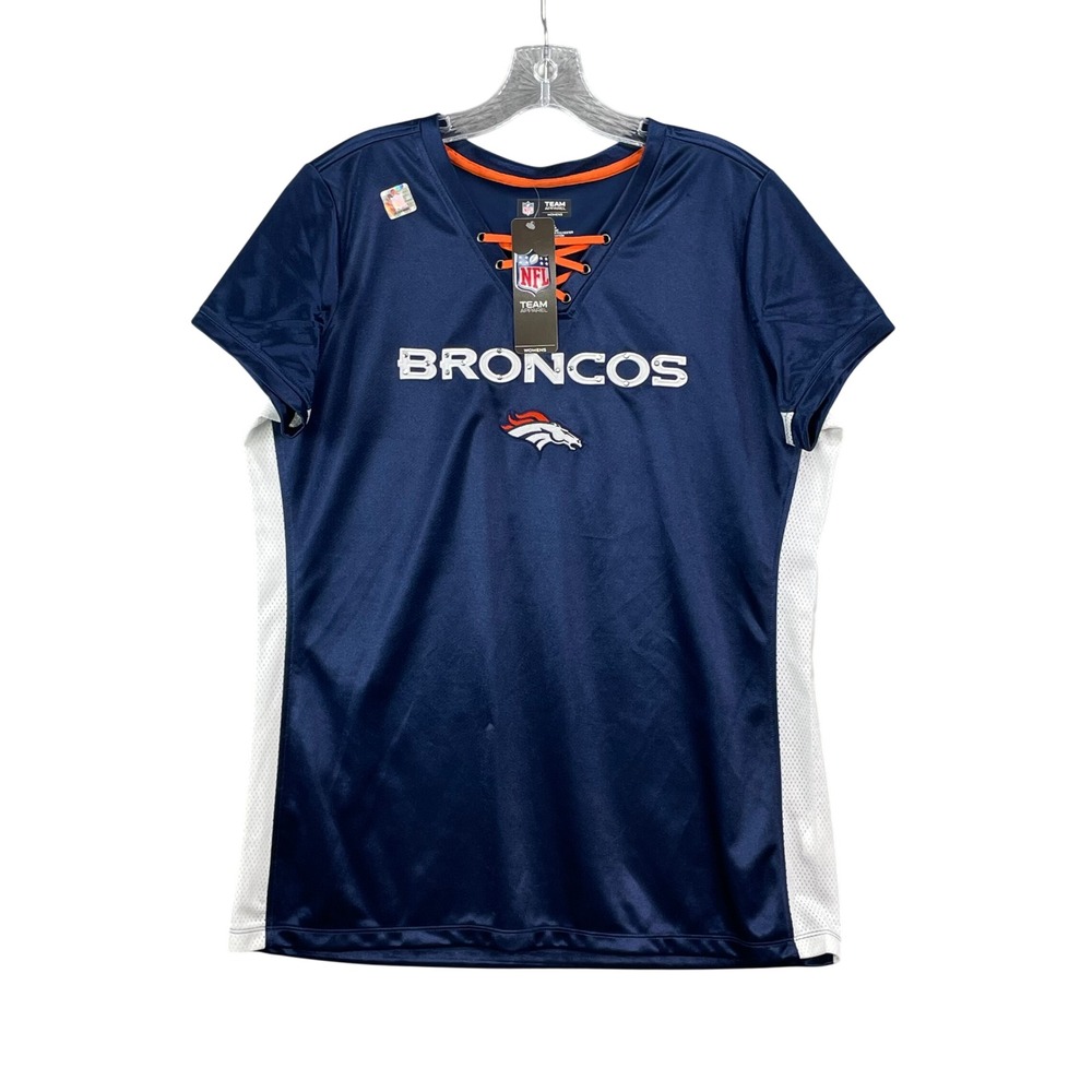 NFL Team Apparel Broncos Womens XL Navy Blue Lace Up V-Neck Jersey Mesh Top NEW